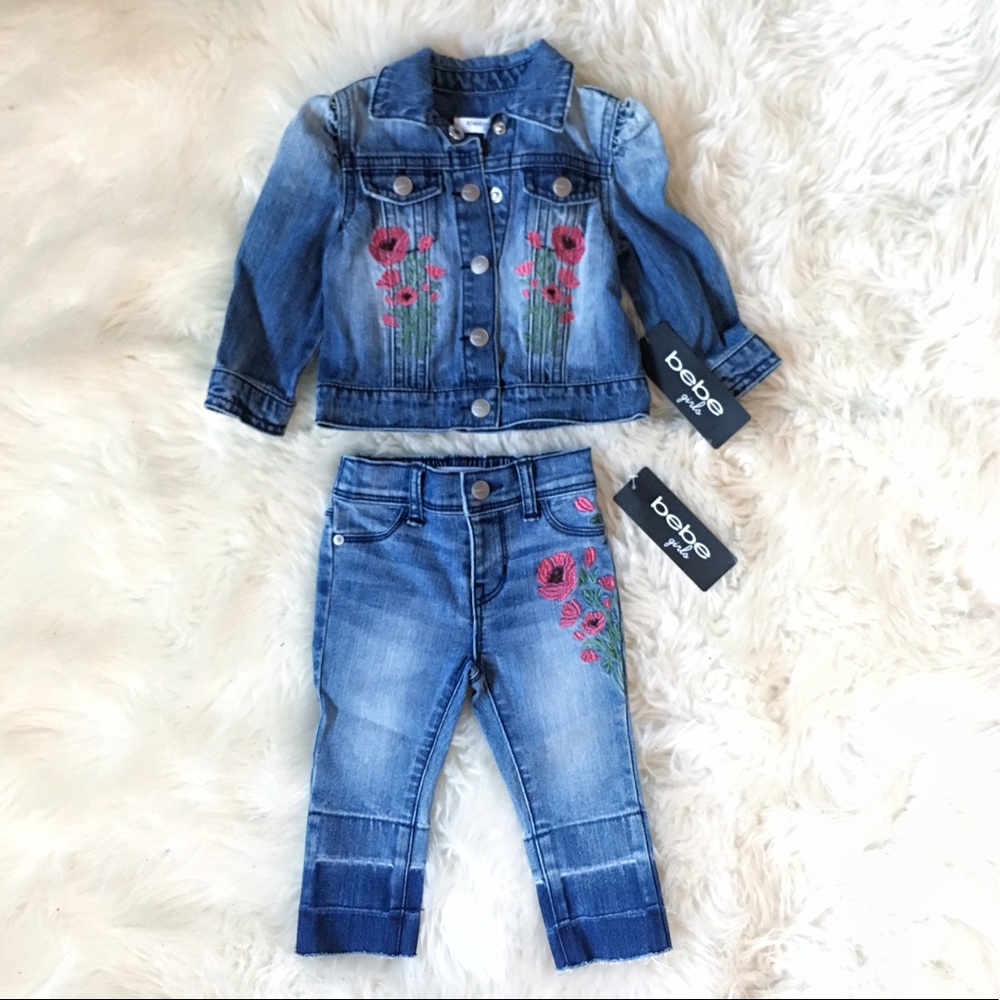 Bebe Girls embroidered Denim Jacket + Jean Set